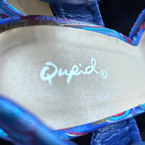 High Heel Platform Sandals SZ 8 Blue floral satin, 4.7" Heels - Picture 10 of 12